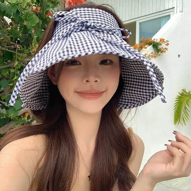 艾佳微 蝴蝶结格子空顶帽夏季大檐海边度假太阳帽防紫外线防晒 棉 渔夫帽 男女同款情侣款