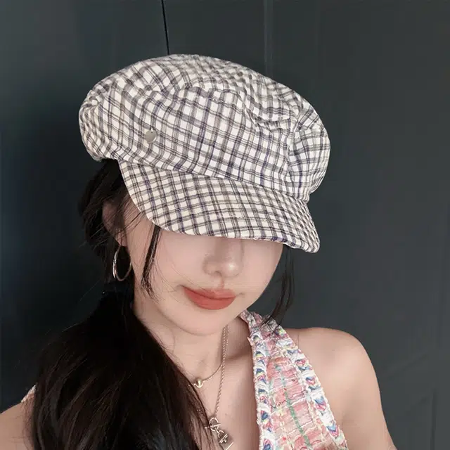 艾佳微 海军风小众格纹金属小标文艺显白春夏遮阳时髦优雅显脸小 棉 贝雷帽 男女同款情侣款