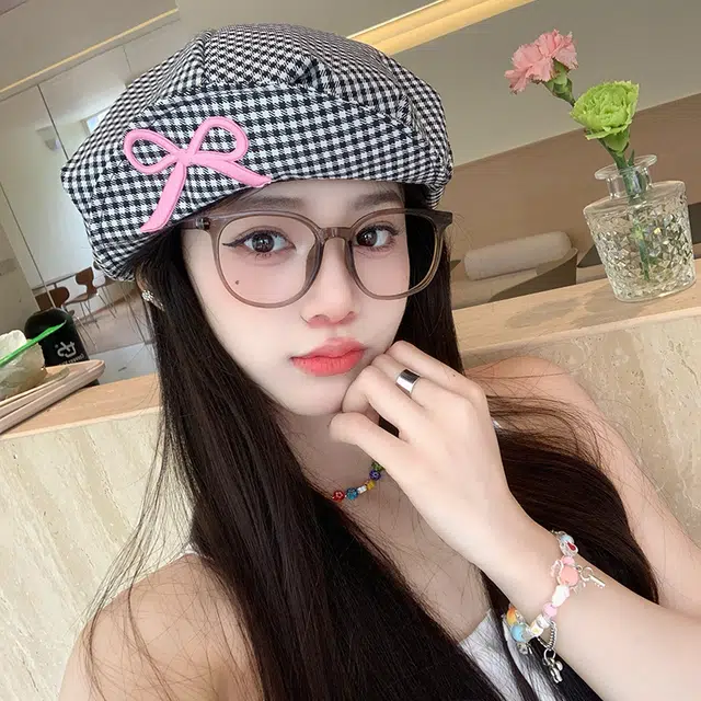 艾佳微 复古百搭格纹蝴蝶结云朵八角帽显脸小文艺画家帽潮 棉 贝雷帽 男女同款情侣款