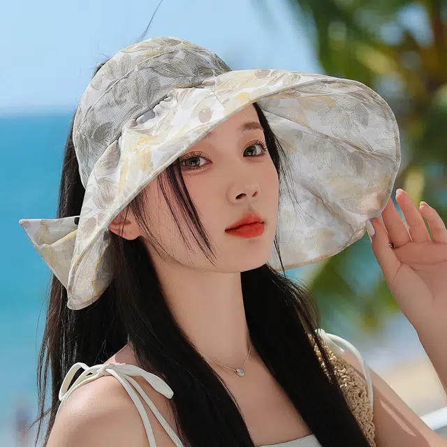 艾佳微 春夏季优雅花布大沿空顶帽休闲防紫外线时尚小碎花 聚酯纤维 防晒帽 女款