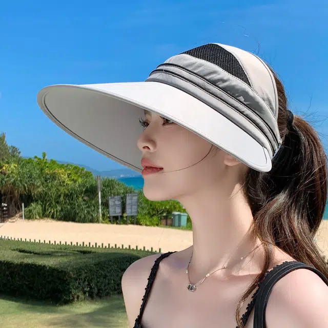 艾佳微 夏季空顶帽大帽檐遮阳帽防紫外线骑车户外时尚遮脸太阳帽 聚酯纤维 防晒帽 女款