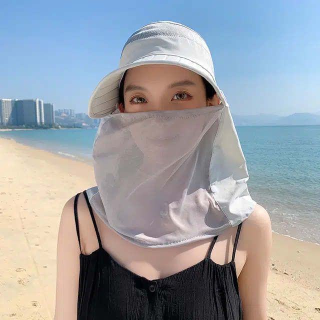艾佳微 夏季户外运动登山通勤加长檐面罩鸭舌帽骑车空顶遮脸太阳帽 聚酯纤维 防晒帽 男女同款情侣款