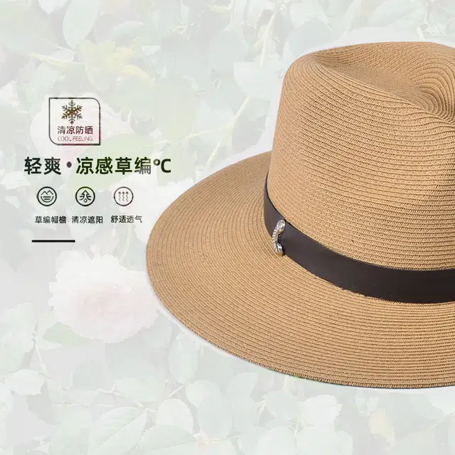 艾佳微 夏季沙滩度假草帽游玩巴拿马遮阳帽子大檐爵士复古 纸草 防晒帽 男女同款情侣款