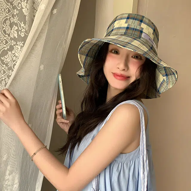 艾佳微 心动一夏时尚出游度假大帽檐显脸小防晒格子 聚酯纤维 渔夫帽 男女同款情侣款