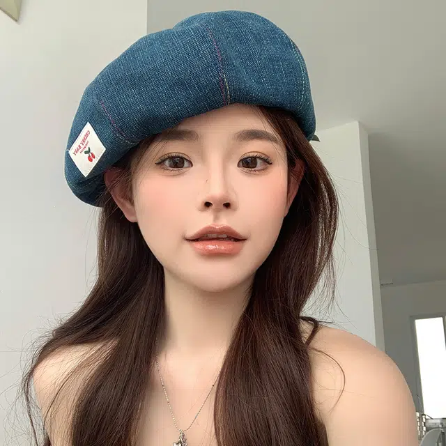 艾佳微 日系甜美时尚户外拍照游玩樱桃布标南瓜潮百搭 牛仔布 贝雷帽 女款