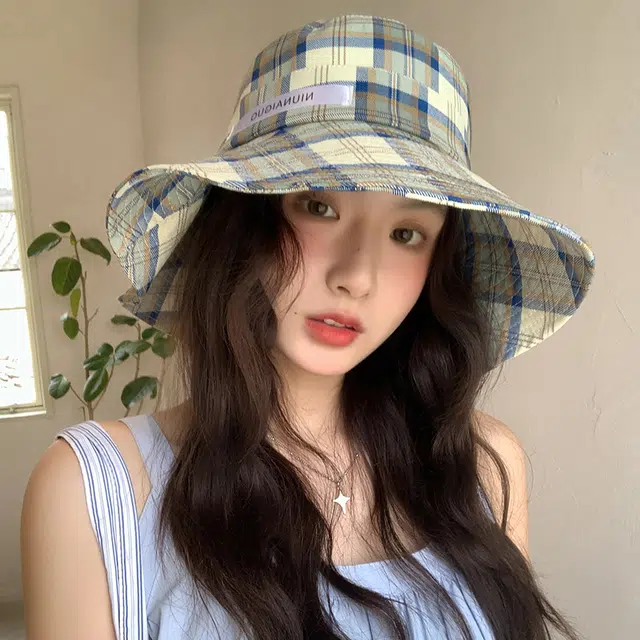 艾佳微 心动一夏时尚出游度假大帽檐显脸小防晒格子 聚酯纤维 渔夫帽 男女同款情侣款