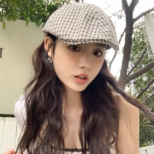 艾佳微 日系英伦风复古格纹显脸 棉 贝雷帽 男女同款情侣款
