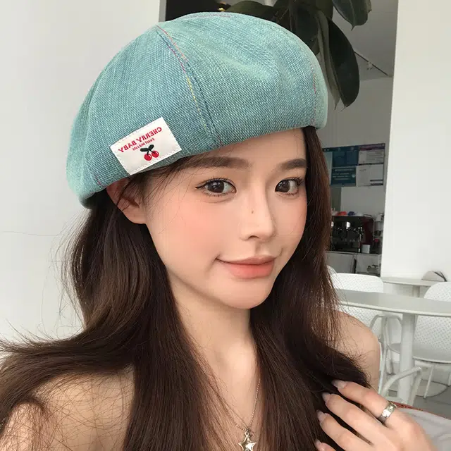 艾佳微 日系甜美时尚户外拍照游玩樱桃布标南瓜潮百搭 牛仔布 贝雷帽 女款