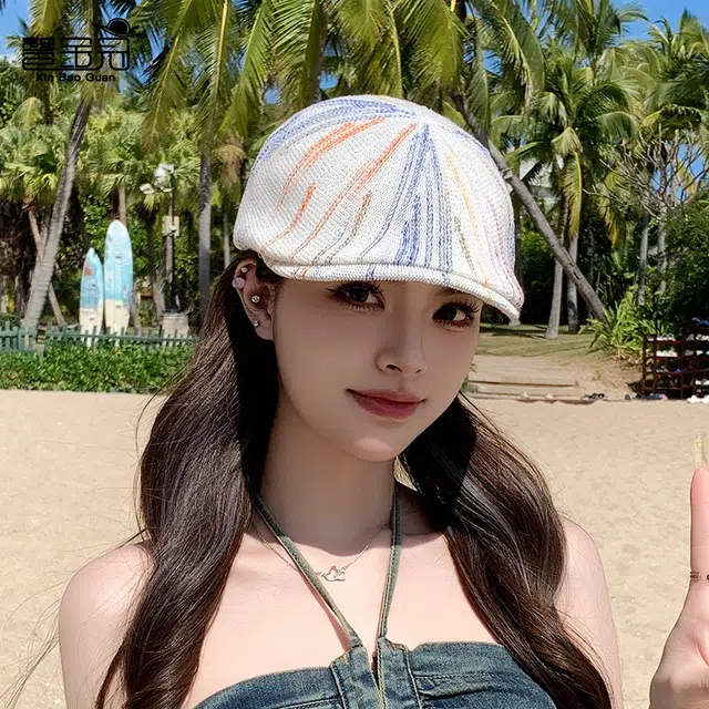 艾佳微 日系彩色条纹帽子时尚百搭显脸小高级感两戴 涤纶 贝雷帽 女款