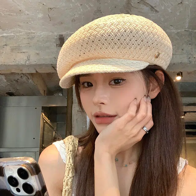 艾佳微 日系拍照游玩镂空八角帽小众纱线钩织画家帽夏季轻薄透气舒适报童帽 聚酯纤维 贝雷帽 男女同款情侣款