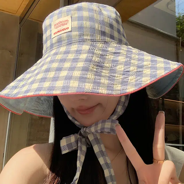 艾佳微 韩版小清新甜美格子系带大檐遮阳帽双面戴百搭防晒帽 棉 渔夫帽 男女同款情侣款