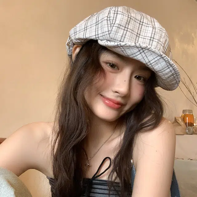艾佳微 梦幻夏意格纹森系文艺百搭报童帽显脸小八角帽画家帽 棉 贝雷帽 女款