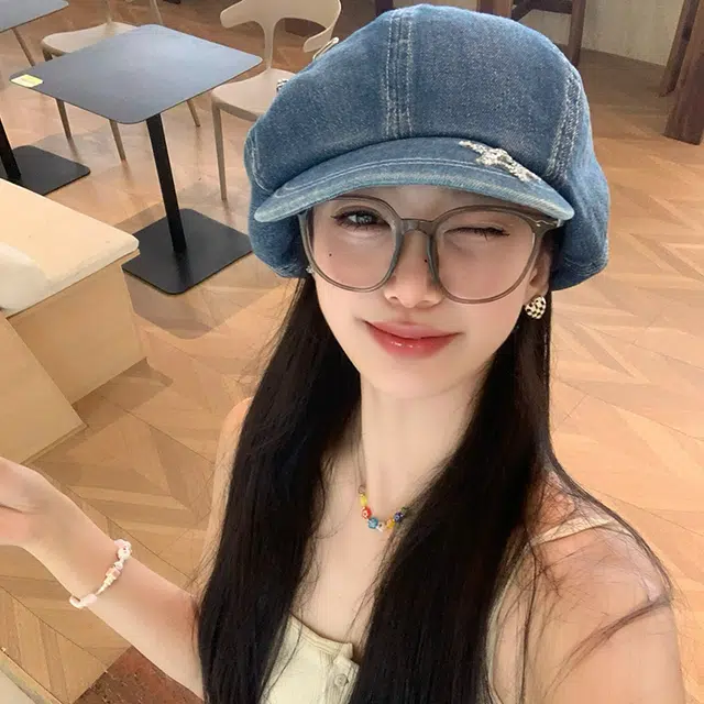 艾佳微 星星别针大版云朵八角画家复古气质显脸小 牛仔布 贝雷帽 男女同款情侣款