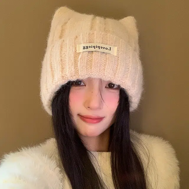 艾佳微 可爱猫耳朵韩版显脸小 加厚保暖护耳 涤纶 绒线帽 男女同款情侣款