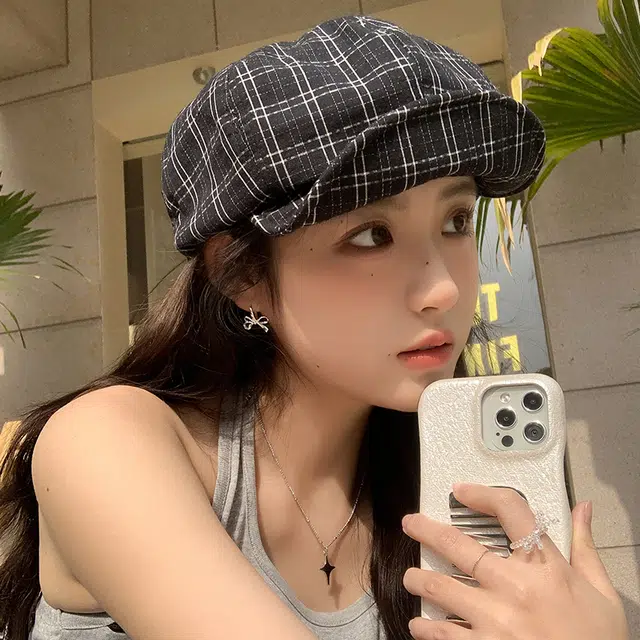 艾佳微 梦幻夏意格纹森系文艺百搭报童帽显脸小八角帽画家帽 棉 贝雷帽 女款