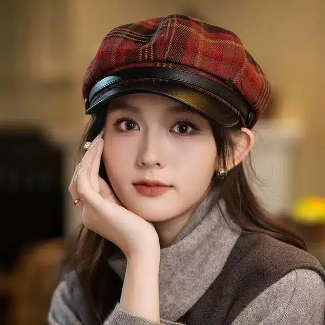 艾佳微 小香风高级感格子纹英伦风八角帽气质百搭 呢料 贝雷帽 男女同款情侣款