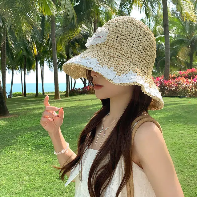 艾佳微 海边沙滩甜美小清新拍照百搭户外防晒防紫外线遮阳 草编 渔夫帽 男女同款情侣款