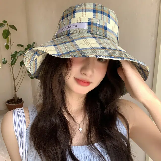 艾佳微 心动一夏时尚出游度假大帽檐显脸小防晒格子 聚酯纤维 渔夫帽 男女同款情侣款