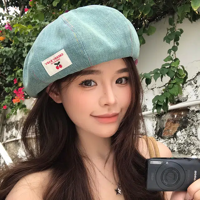 艾佳微 日系甜美时尚户外拍照游玩樱桃布标南瓜潮百搭 牛仔布 贝雷帽 女款