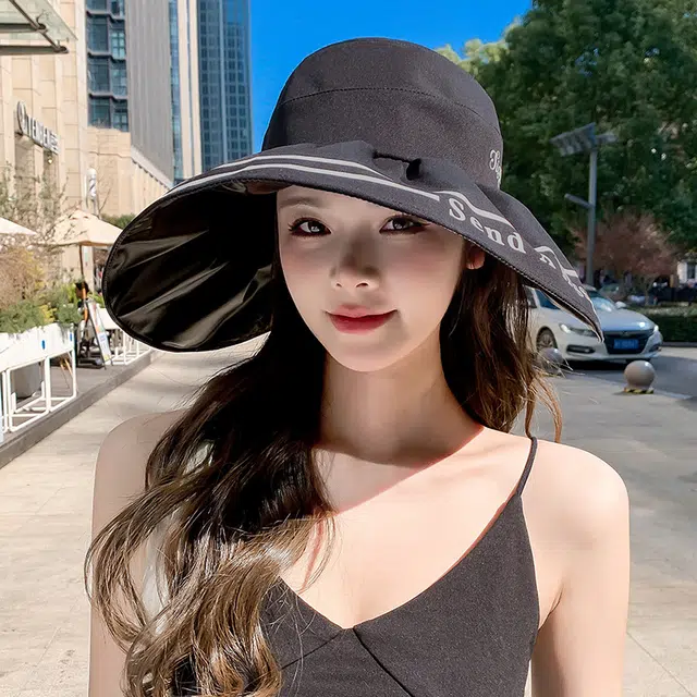 艾佳微 赫本风后蝴蝶结大沿夏季韩版潮百搭可折叠出游休闲盆帽 聚酯纤维 渔夫帽 男女同款情侣款