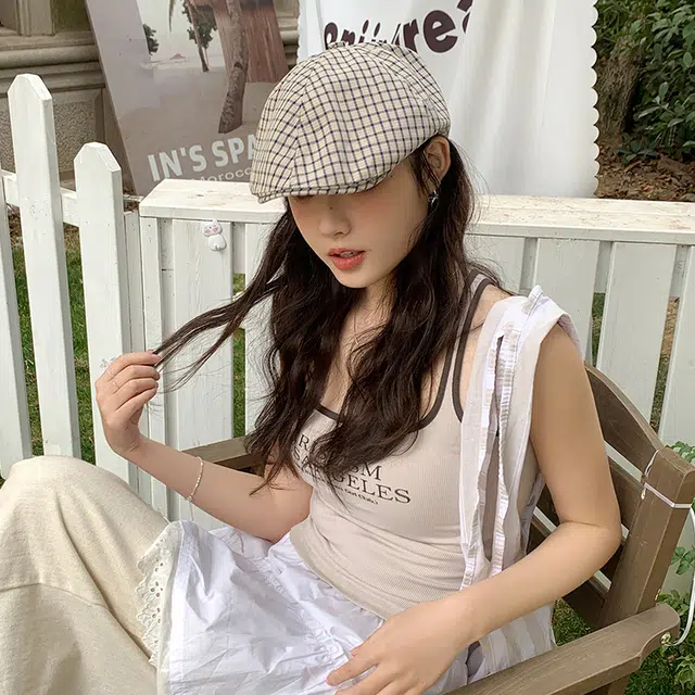艾佳微 日系英伦风复古格纹显脸 棉 贝雷帽 男女同款情侣款