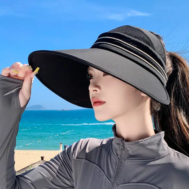艾佳微 夏季空顶帽大帽檐遮阳帽防紫外线骑车户外时尚遮脸太阳帽 聚酯纤维 防晒帽 女款
