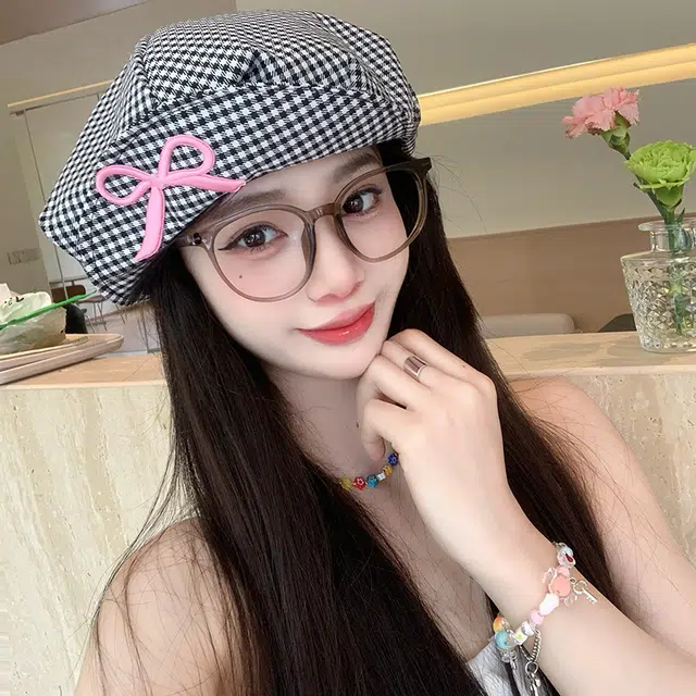 艾佳微 复古百搭格纹蝴蝶结云朵八角帽显脸小文艺画家帽潮 棉 贝雷帽 男女同款情侣款