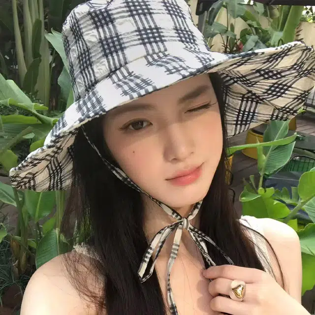 艾佳微 韩系 格纹夏季百搭可折叠遮脸显脸小大檐潮 棉 渔夫帽 男女同款情侣款
