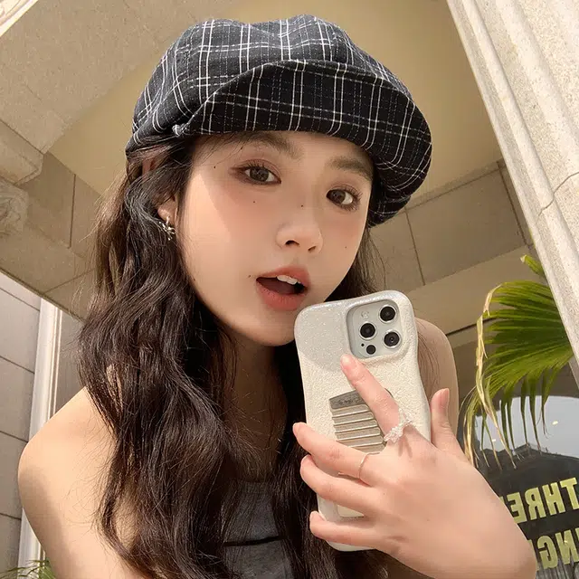 艾佳微 梦幻夏意格纹森系文艺百搭报童帽显脸小八角帽画家帽 棉 贝雷帽 女款