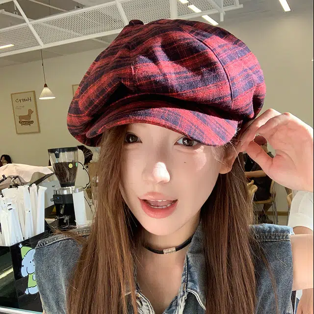 艾佳微 日系文艺复古格纹夸张大版云朵八角帽百搭前进帽报童帽 棉 贝雷帽 男女同款情侣款