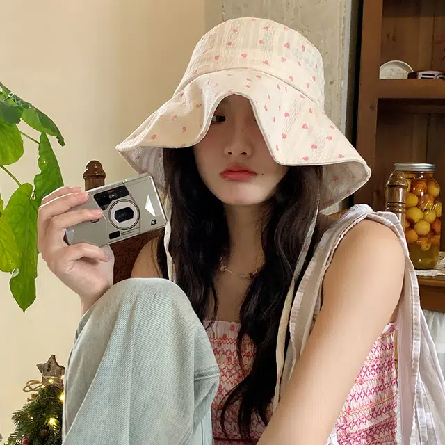 艾佳微 日系甜美文艺爱心系带大帽檐遮阳防晒盆帽显脸小 棉 渔夫帽 女款