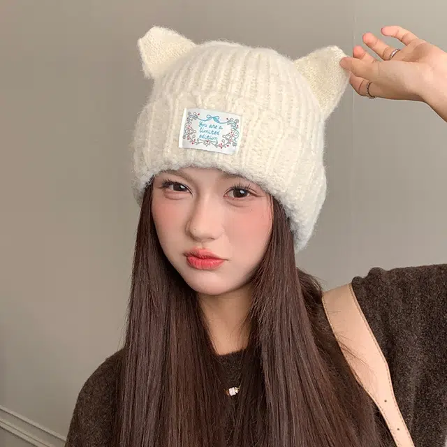 艾佳微 保暖猫耳朵日系可爱加厚防风套头休闲护耳 涤纶 绒线帽 男女同款情侣款
