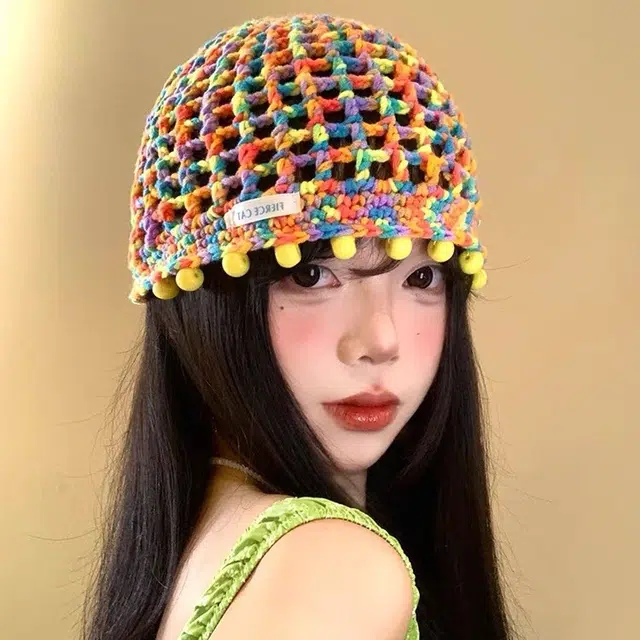 艾佳微 彩色多巴胺串珠吊坠镂空包头帽春夏季薄款民族风显脸小流苏帽子 聚酯纤维 针织帽 男女同款情侣款