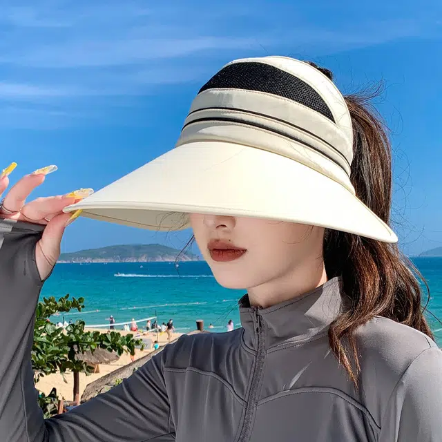 艾佳微 夏季空顶帽大帽檐遮阳帽防紫外线骑车户外时尚遮脸太阳帽 聚酯纤维 防晒帽 女款