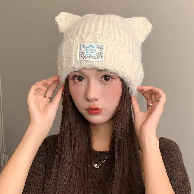 艾佳微 保暖猫耳朵日系可爱加厚防风套头休闲护耳 涤纶 绒线帽 男女同款情侣款