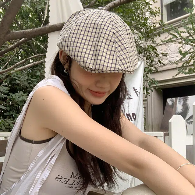 艾佳微 日系英伦风复古格纹显脸 棉 贝雷帽 男女同款情侣款