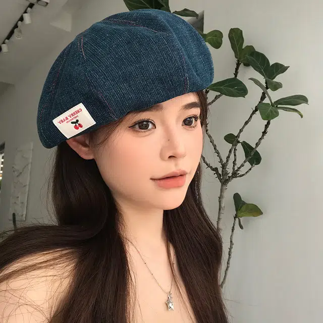 艾佳微 日系甜美时尚户外拍照游玩樱桃布标南瓜潮百搭 牛仔布 贝雷帽 女款