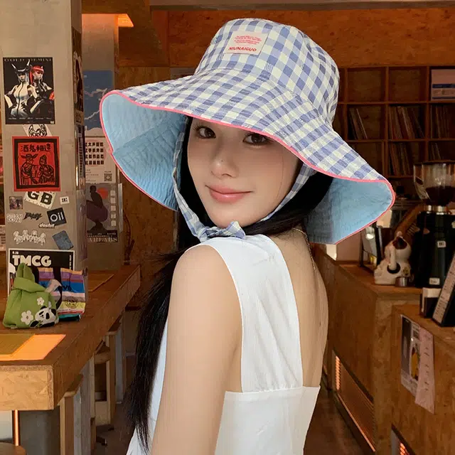 艾佳微 韩版小清新甜美格子系带大檐遮阳帽双面戴百搭防晒帽 棉 渔夫帽 男女同款情侣款