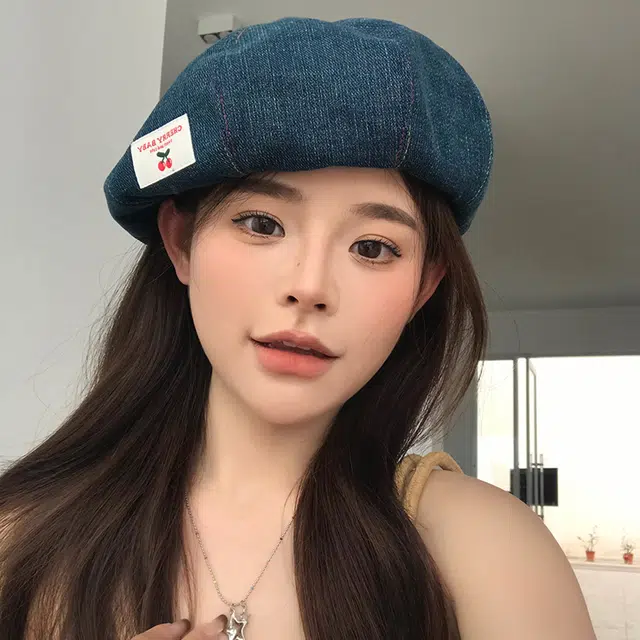 艾佳微 日系甜美时尚户外拍照游玩樱桃布标南瓜潮百搭 牛仔布 贝雷帽 女款