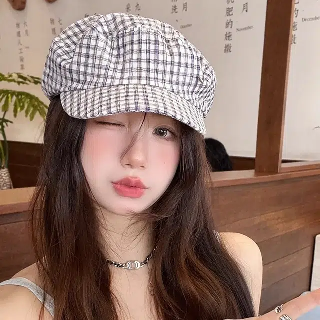 艾佳微 海军风小众格纹金属小标文艺显白春夏遮阳时髦优雅显脸小 棉 贝雷帽 男女同款情侣款