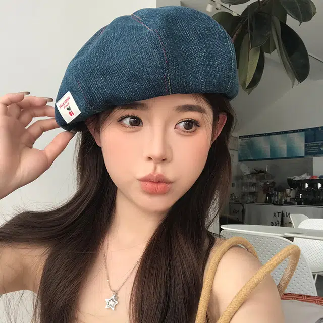 艾佳微 日系甜美时尚户外拍照游玩樱桃布标南瓜潮百搭 牛仔布 贝雷帽 女款
