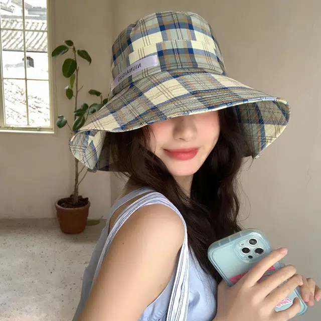 艾佳微 心动一夏时尚出游度假大帽檐显脸小防晒格子 聚酯纤维 渔夫帽 男女同款情侣款