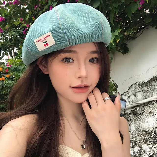 艾佳微 日系甜美时尚户外拍照游玩樱桃布标南瓜潮百搭 牛仔布 贝雷帽 女款