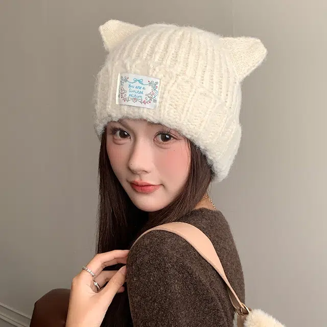 艾佳微 保暖猫耳朵日系可爱加厚防风套头休闲护耳 涤纶 绒线帽 男女同款情侣款