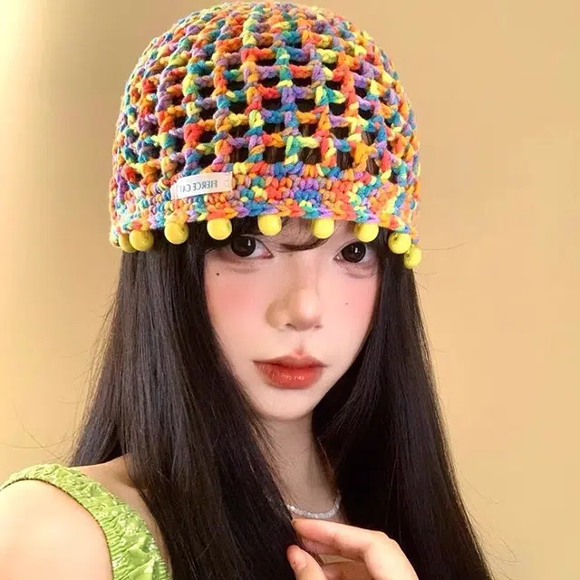 艾佳微 彩色多巴胺串珠吊坠镂空包头帽春夏季薄款民族风显脸小流苏帽子 聚酯纤维 针织帽 男女同款情侣款