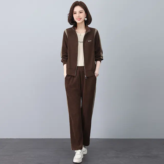 红蜻蜓 立领撞色刺绣拉链长袖上衣直筒裤舒适运动两件套休闲套装 女款