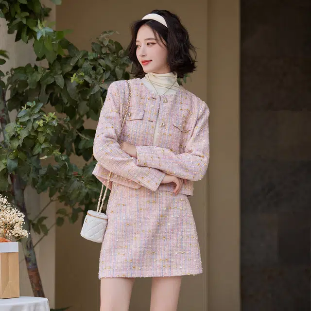 红蜻蜓 气质优雅小香撞色编织两件套短裙时尚裙装套装 女款