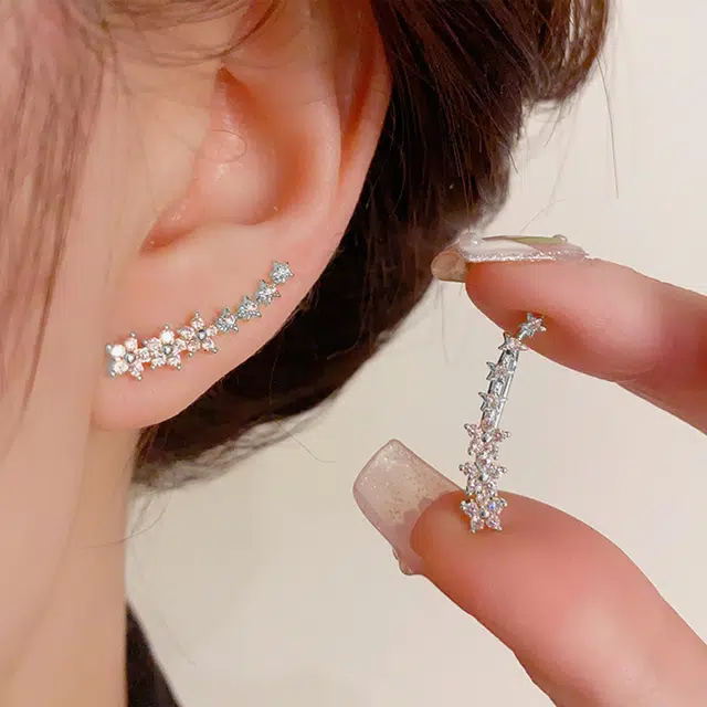 老银坊 排钻星光花朵满钻爆闪耳钉 韩系轻奢温柔甜美风耳饰 星星小花小众设计感 闪钻 耳环 女款