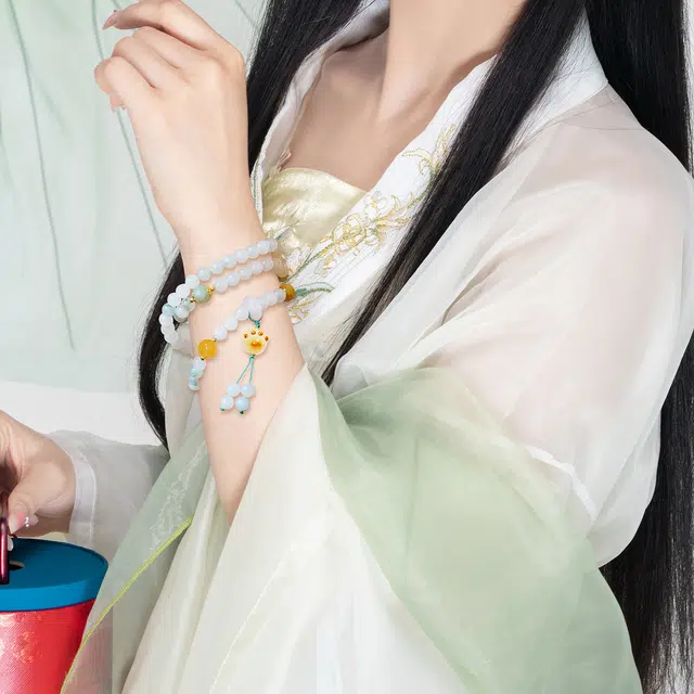 老银坊 可爱猫爪平安扣手持 中国风新中式汉服古风 好运 天山翠 手串 男女同款情侣款