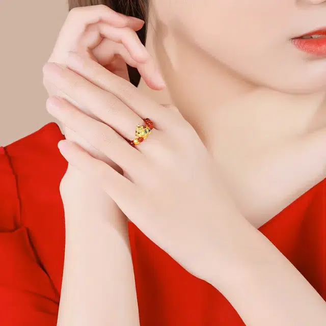 潮宏基 宝护吞金兽 黄金红玛瑙幸运转运串珠 足金 定价金 戒指 女款